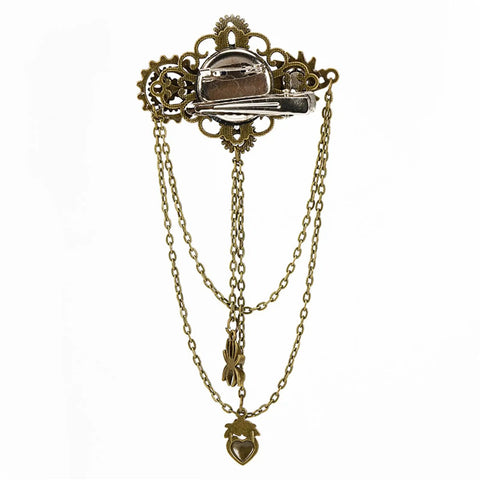 Get That Giddy Up With This Antique Gold Convertible Mechanical Gear Hair Jewelry Pin with chains and charms.