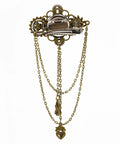 Epic Unisex Steampunk Hair Clip With Spinning Gears And Creepy Devil Eye Brooch For Halloween Costumes Or Gothic Daily Style Antique Gold Metal Alloy Jewelry Accessory featuring intricate chains and detailing.