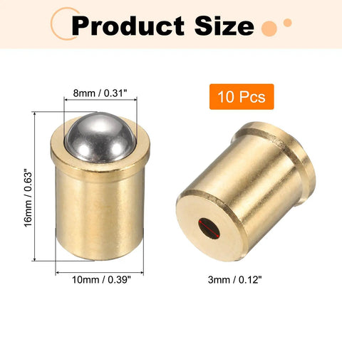 10 Pack 304 Stainless Steel Ball Plungers With 8mm Spring Loaded Balls And 70N Push Force No Fuss Cabinet Drawer Stops showing dimensions.