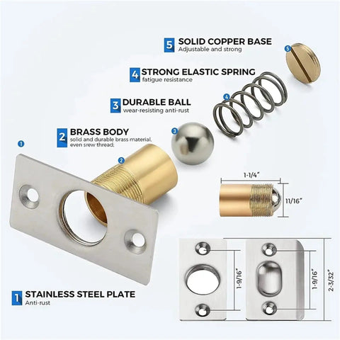 Two Sets Ball Catch Kits For Interior Doors Dual Adjustable Silver Door Latches components labeled with materials and dimensions