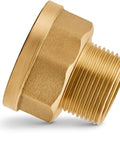 Side view of brass 3/4 in male to 1 in female NPT adapter with hex body.