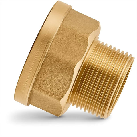 Side view of brass 3/4 in male to 1 in female NPT adapter with hex body.