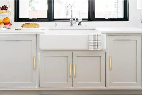 Solid As A Rock 5 Pack 6 Inch Hole Center Brushed Brass Cabinet Pulls With Rustic Backplate Heavy Duty Drawer Handles No Sweat Install For Kitchen Cabinets on gray cabinets with farmhouse sink.