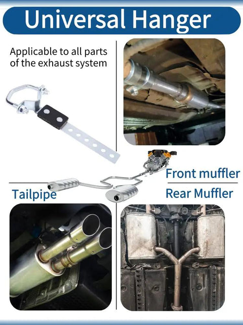 Heavy Duty Universal Muffler Exhaust Hanger Kit For 3 Inch Pipe shown with vehicle exhaust system and flexible tail hanger.