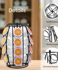 Rotating K Cup Holder Carousel For Countertop Holds 20 Coffee Pods, black metal frame, rotating base, pod label display.