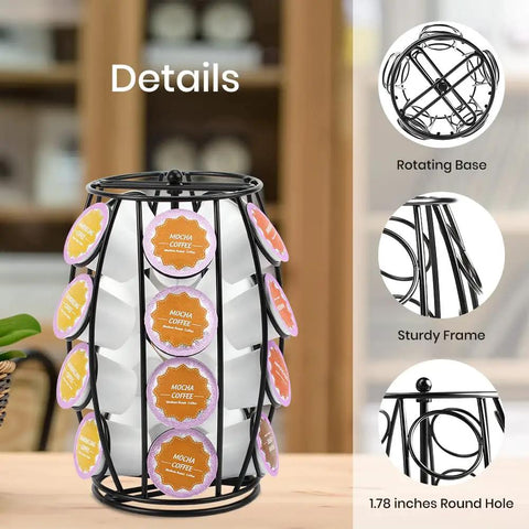 Rotating K Cup Holder Carousel For Countertop Holds 20 Coffee Pods, black metal frame, rotating base, pod label display.