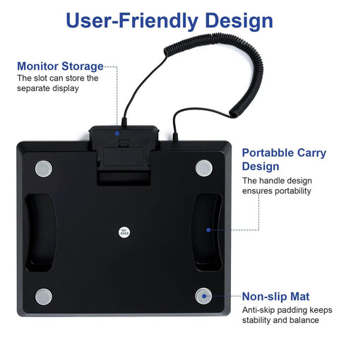Top view of digital shipping postal scale with 0.5 oz precision, showing user-friendly design features and dual power cable.