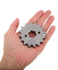 Precision Machined Motorcycle Sprocket Kit With Pro Grade Alloy Steel Small Gear Plate Inner Diameter Screw And Retainer For Bikes Electric Scooters Front Chain Drive Replacement, held in hand, showing size and detail.