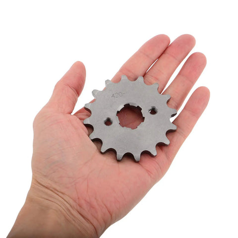 Precision Machined Motorcycle Sprocket Kit With Pro Grade Alloy Steel Small Gear Plate Inner Diameter Screw And Retainer For Bikes Electric Scooters Front Chain Drive Replacement, held in hand, showing size and detail.