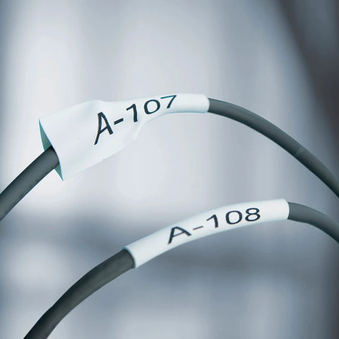 Industrial Heat Shrink Labels, Three Quarter Inch Tube With Crisp Black Lettering on wires A-107 and A-108.