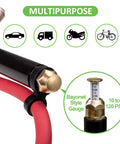 Heavy Duty Tire Pressure Gauge With Inflator And Air Chuck 4 Way Tool Valve Cores And Air Compressor Attachments shown with PSI range