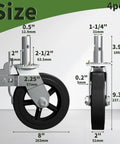 Built Tough Heavy Duty Eight Inch Scaffolding Wheels With Steel Casters And Dual Locking Brakes 1.25 Inch Stem size dimensions.