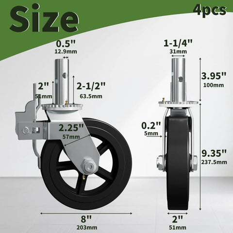 Built Tough Heavy Duty Eight Inch Scaffolding Wheels With Steel Casters And Dual Locking Brakes 1.25 Inch Stem size dimensions.