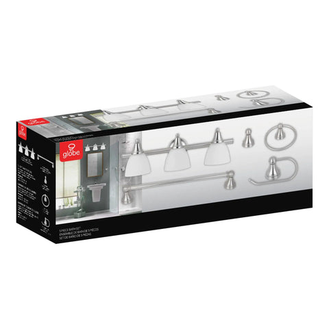 Packaging of All In One Bathroom Vanity Set With Three Light Fixture, Towel Bar, Toilet Paper Holder, Brushed Steel Finish, Five Piece Value Kit