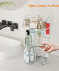 Clear Acrylic Rotating Makeup Organizer With Eight Adjustable Trays And A Smooth 360 Spin Base To Keep Your Daily Skincare Stash Neat As Pin On Any Vanity Or Bathroom Countertop Setup, displaying various skincare products.