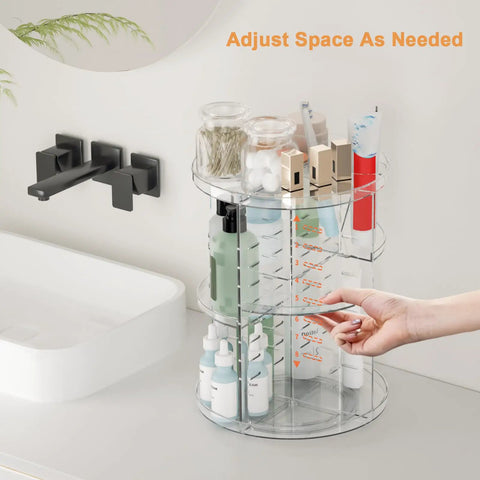 Clear Acrylic Rotating Makeup Organizer With Eight Adjustable Trays And A Smooth 360 Spin Base To Keep Your Daily Skincare Stash Neat As Pin On Any Vanity Or Bathroom Countertop Setup, displaying various skincare products.