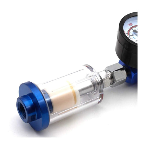 Heavy Duty 1/4 Inch Inline Air Filter And Airbrush Moisture Trap Featuring A Hella Tough Oil Water Separator close-up view with pressure gauge.