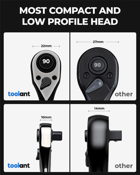 Comparison of One Quarter Inch Drive Ratchet With Ninety Tooth Gear vs other ratchets, showing compact low profile head dimensions.