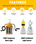 Ultra Bright 100W Temporary Work Light With 5000K Daylight Output features comparison with 400W traditional light source.