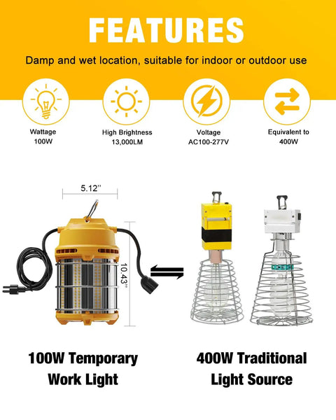 Ultra Bright 100W Temporary Work Light With 5000K Daylight Output features comparison with 400W traditional light source.