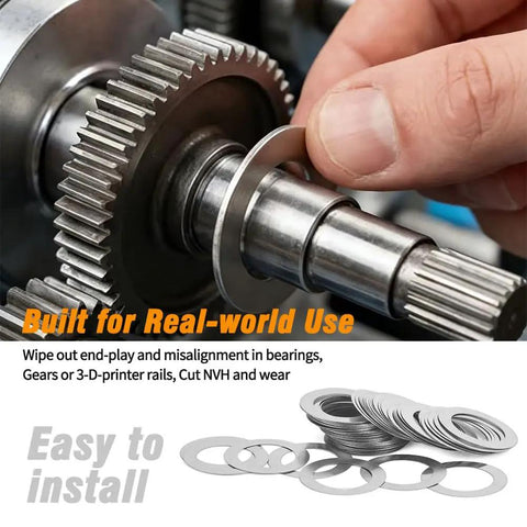 Gearhead Shim Washer Set 304 Stainless Steel, 448 Pcs being installed between gears, showcasing precise 0.1-0.5mm increments.
