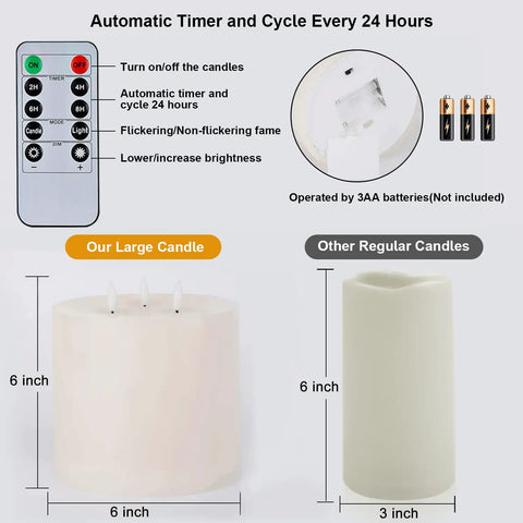 Extra Large 6x6 Flameless Candles With Three Wicks Battery Operated LED Pillar Candles With Remote And Timers Real Wax Ivory