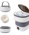 Clutch 20L Foldable Portable Washer With Power Spin Basket 3 Cleaning Modes Blue Light Tech compact washer with lid open, showing spinning clothes.