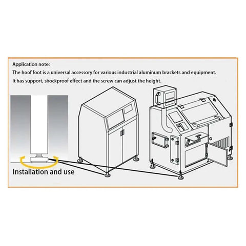 Four Pack Heavy Duty Adjustable Leveling Feet With Non Slip Rubber Glides And Swivel Bases For Rock Solid Furniture Placement And Smooth Ride Stability On Hardwood Or Tile Surfaces Indoors installation illustration showing adjustable feet on industrial equipment.