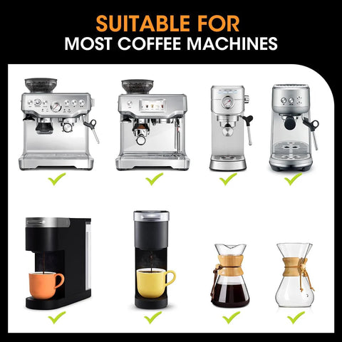 Coffee machines collage: four stainless espresso machines on top; four pod brewers and carafes below, on white background with check marks.