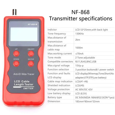 Professional Wall Detector Scanner And Network Cable Tester With Wire Tracking And Breakpoint Detection showing LCD screen and buttons in red design.