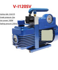 Heavy Duty 180 Watt Rotary Vane Vacuum Pump For Cranking Out Fast AC Recharges Quick Draw Rate Anti Backflow Valve And Smart Gas Ballast Setup in blue with visible gauge and handle.