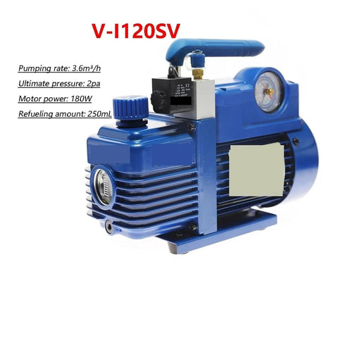 Heavy Duty 180 Watt Rotary Vane Vacuum Pump For Cranking Out Fast AC Recharges Quick Draw Rate Anti Backflow Valve And Smart Gas Ballast Setup in blue with visible gauge and handle.