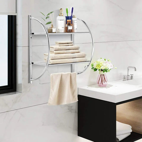 Wall Mount Two Tier Bathroom Shelf With Towel Bars Chrome Rustproof Finish 18 Inch Wide 22 Inch High above sink