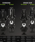 Edge 45mm Gravel Carbon Wheelset hub options, Shimano and SRAM XDR, featuring TPI Ceramic and Steel bearings for road disc brakes.