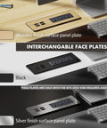 Gotta Love This Slick Recessed Power Strip Grommet Kit With 65W Fast Charging USB C And Type A Ports, Three AC Desk Outlets, Flush Mount Charging Station, 20 Piece Silver Desk Plate Setup, showing interchangeable face plates in wood, black, and silver finishes.