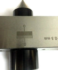 Close-up of Pro Grade 3MT Taper Turning Attachment for Offsetting Lathe Tailstock with hardened alloy steel point and engraved measurements.