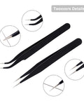 Close-up of precision tweezers from 3D Printer Nozzle Cleaning Kit 13 Piece Set With 0.4mm Cleaning Needles, and Copper Wire Brush.
