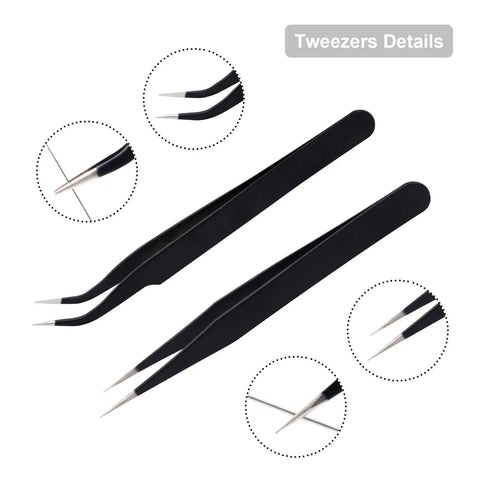 Close-up of precision tweezers from 3D Printer Nozzle Cleaning Kit 13 Piece Set With 0.4mm Cleaning Needles, and Copper Wire Brush.