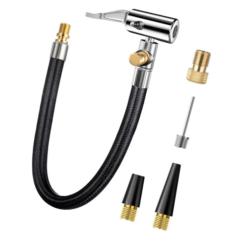 Real Deal Locking Tire Chuck With Rubber Hose Fine Thread Standard Valve Inflator Pump Hose Adapter, black hose and brass fittings