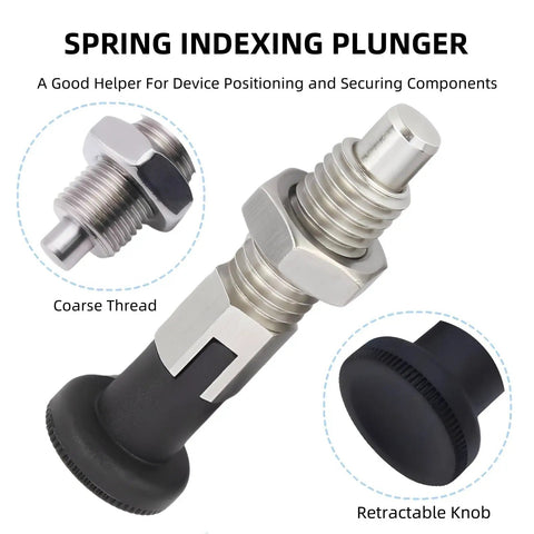M10x1.5 stainless steel retractable index plunger with self-locking knob, 20mm body for device positioning and securing.