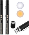 Dual LED Pen Light USB Rechargeable With Extra Warm Light Pupil Chart And Ruler Pocket Clip Aluminum Penlight For Students Doctors Nurses Reusable Set Of 2 showing two black penlights with USB cap, light settings, and ruler markings.