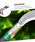 Close-up of ergonomic garden weeding tool set scythe blade showing lightweight manganese steel construction in use.