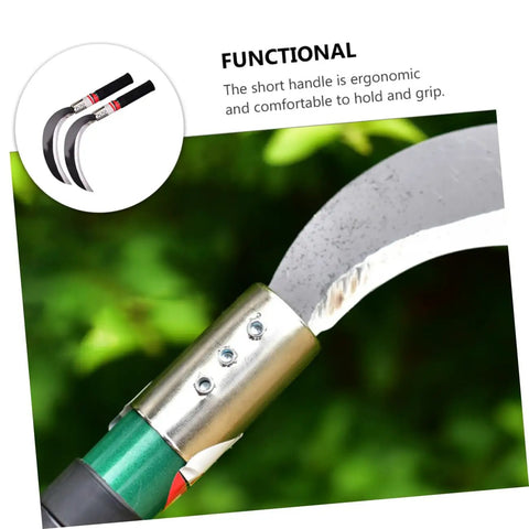 Close-up of ergonomic garden weeding tool set scythe blade showing lightweight manganese steel construction in use.