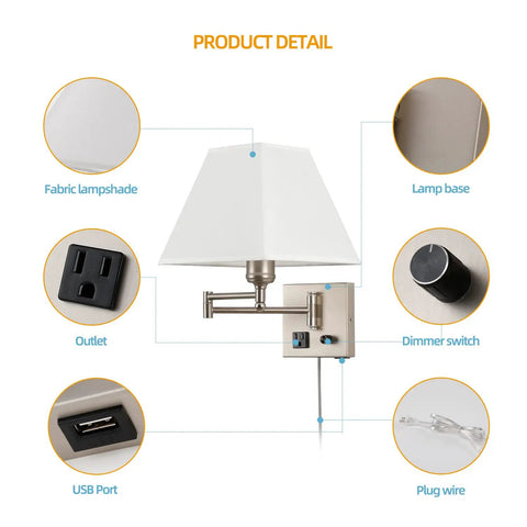 Swing Arm Wall Light With USB Port And Outlet, Plug In Wall Sconce In Nickel Finish, features including USB and outlet