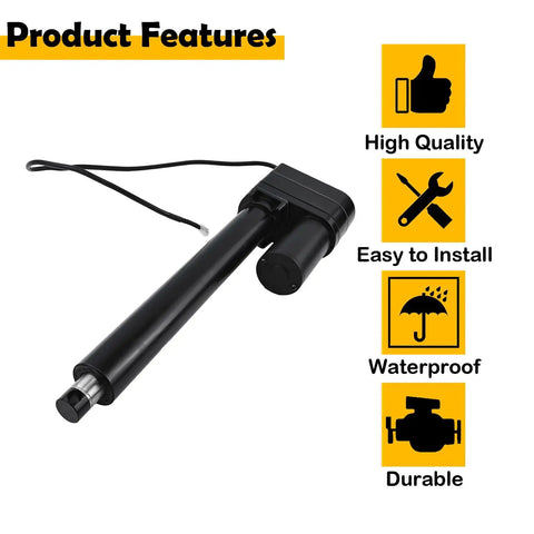 12 Inch Heavy Duty 12V Electric Linear Actuator With Potentiometer, showing motor, stainless steel shaft, and waterproof features.