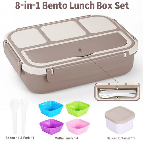All In One Bento Lunch Box For Adults With Four Compartments Includes Utensils Sauce Jar Muffin Liners 40 Ounce Capacity Brown