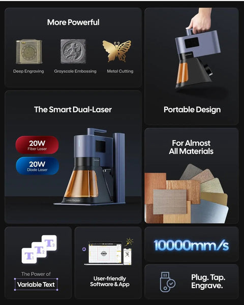 Dual 20W Fiber And Diode Laser Engraver Cutter with rotary, slide extensions, air purifier, for metal and wood customization.