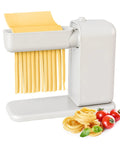Electric Pasta Maker With Roller And Cutters For Fresh Noodles, making fettuccine with a compact design and fresh ingredients.