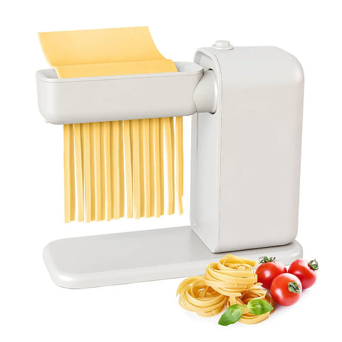 Electric Pasta Maker With Roller And Cutters For Fresh Noodles, making fettuccine with a compact design and fresh ingredients.