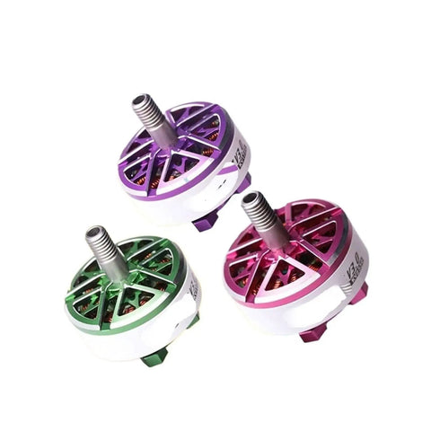 Three 3Rd Gen Pacer P2207 V3 Brushless FPV Racing Drone Motors in green, pink, and purple aluminum